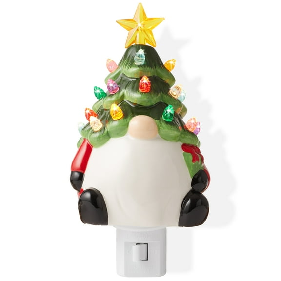 Ceramic Christmas Gnome Night Light - Green Plug-in Decorative Night Light with 15 Bulbs and Star Topper