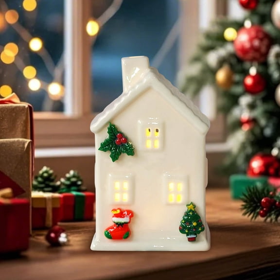 Ceramic Christmas House Decoration LED Light Ornament Mini Holiday Village Figurine Tabletop Fireplace Decor Winter Festival Home Accent Seasonal Gift Collection