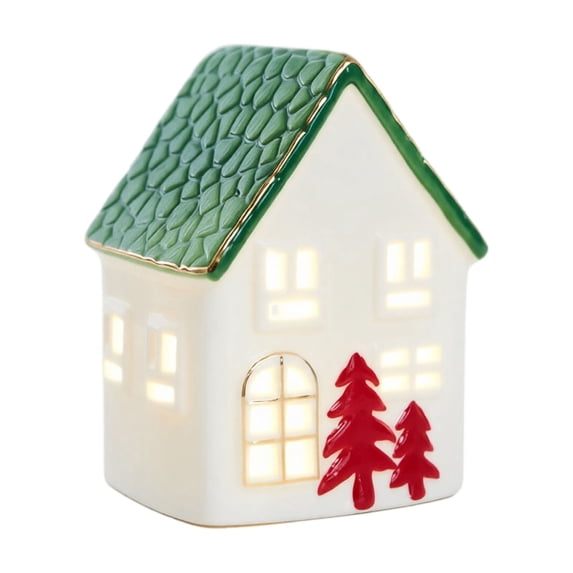 Ceramic Christmas House Decoration Lighted Snow Tabletop Ornament Holiday Village Figurine Indoor Display Party Setup Accessory
