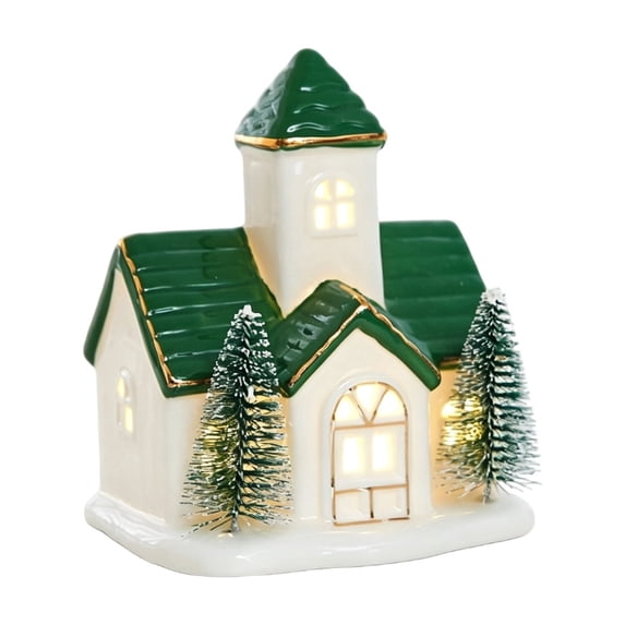 Ceramic Christmas House Decoration Lighted Snow Tabletop Ornament Holiday Village Figurine Indoor Display Party Setup Accessory