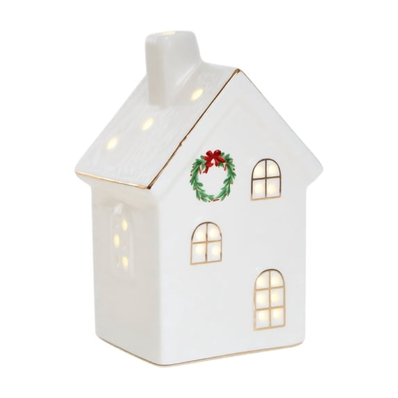 Ceramic Christmas House Decoration Lighted Snow Tabletop Ornament Holiday Village Figurine Indoor Display Party Setup Accessory