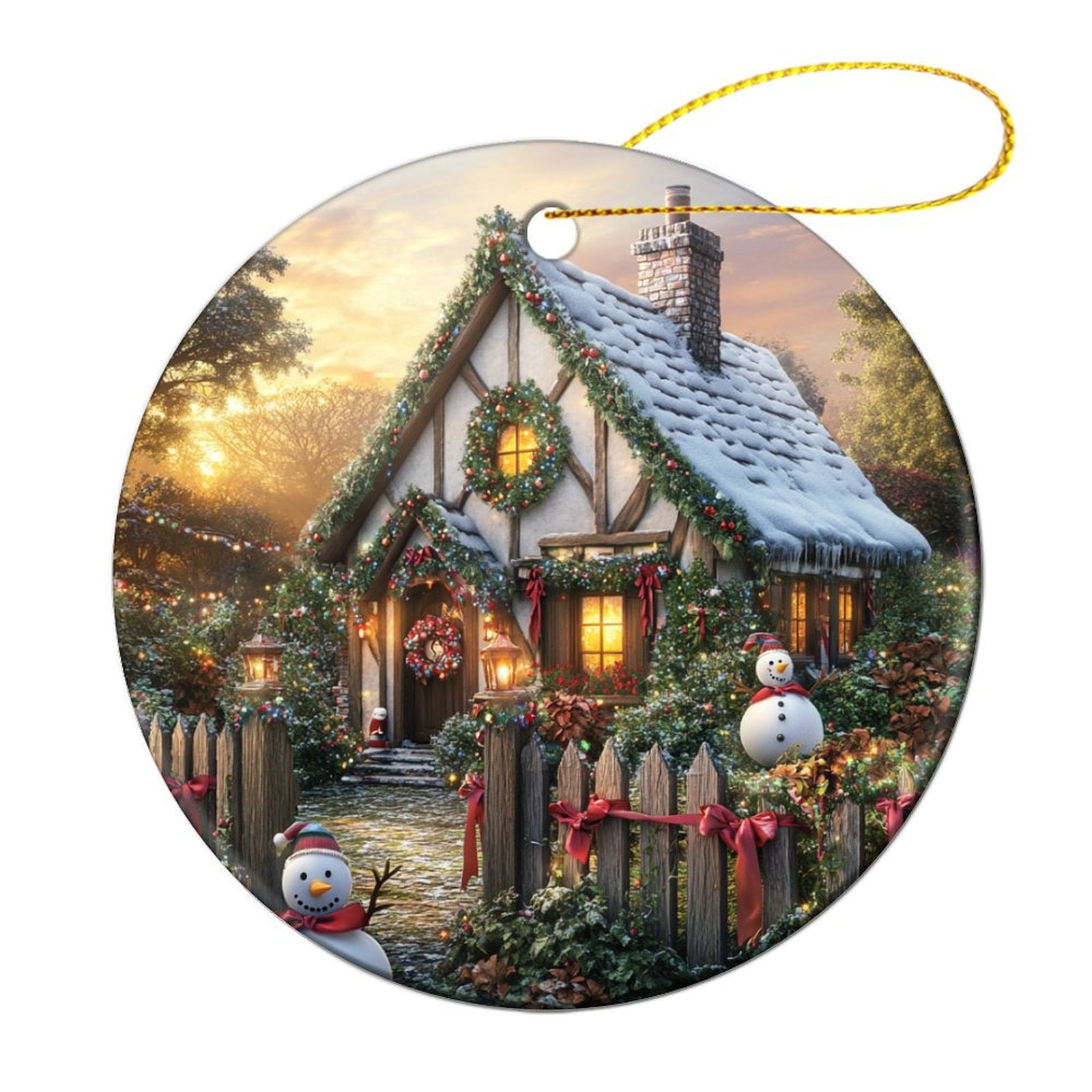 Ceramic Christmas Ornament Christmas Cottage with Snowman Christmas