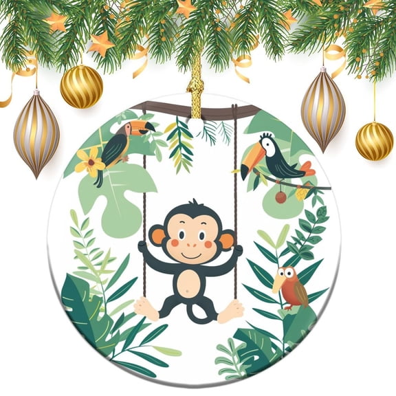 Ceramic Christmas Ornament Cute Monkey Swinging on Vines with Toucan Xmas Tree Ornaments Monkey Lover Gifts Ornament Holiday Decor for Xmas Tree
