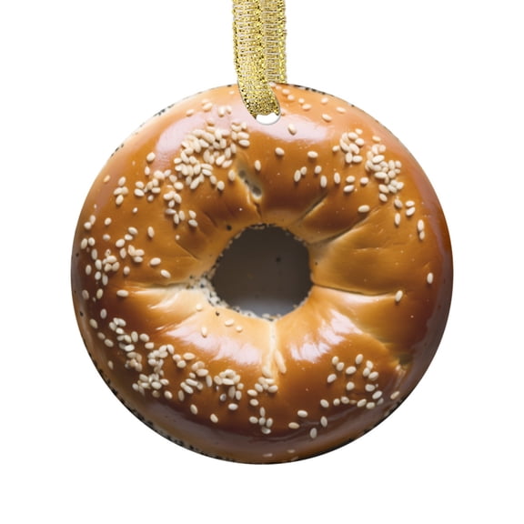 Ceramic Christmas Ornament (Flat Design - NOT 3D,) of a Cute Bagel with Sesame Seeds Novelty Funny Bagels Bread Bakery Foodie Lover Food Novelty Xmas Tree Ornaments Gifts