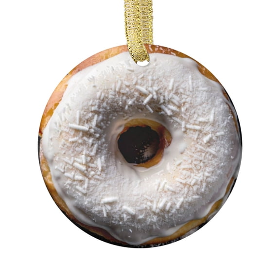 Ceramic Christmas Ornament (Flat Design - NOT 3D,) of a Cute Donut Novelty Vanilla Frosted Doughnut Bakery Foodie Donuts Lover Food Novelty Xmas Tree Ornaments Gifts