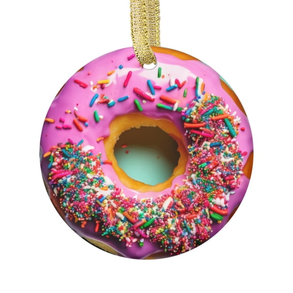 Cute Donut Pink Glazed Frosted Donut with Sprinkles Bakery Doughnuts Food Lovers Foodie Novelty Holiday Christmas Ornament Xmas Tree Gift (Flat Design Printed on Ceramic, Not 3D)