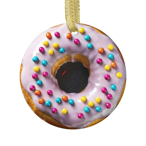 Ceramic Christmas Ornament (Flat Design - NOT 3D,) of a Cute Doughnut Pink Frosted Sprinkle Dohnut Bagels Bakery Foodie Donuts Lover Food Novelty Xmas Tree Ornaments Gifts