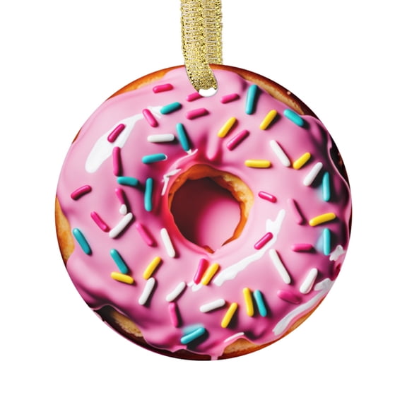 Ceramic Christmas Ornament (Flat Design - NOT 3D,) of a Cute Doughnut Pink Glazed Frosted Donut with Sprinkles Bakery Foodie Donuts Lover Food Novelty Xmas Tree Ornaments Gifts