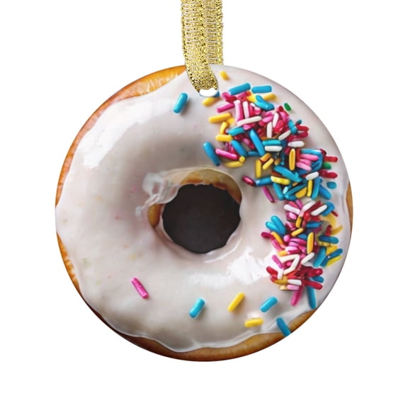 Ceramic Christmas Ornament (Flat Design - NOT 3D,) of a Cute Doughnut Vanilla Frosted Colorful Sprinkle Dohnut Bagels Bakery Foodie Donuts Lover Food Novelty Xmas Tree Ornaments Gifts