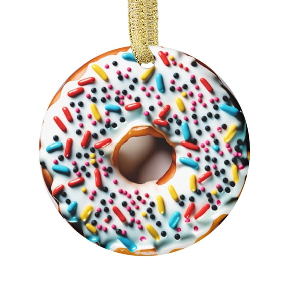 Ceramic Christmas Ornament (Flat Design - NOT 3D,) of a Cute Doughnut White Glazed Frosted Donut with Sprinkles Bakery Foodie Donuts Lover Food Novelty Xmas Tree Ornaments Gifts