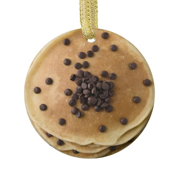 Ceramic Christmas Ornament (Flat Design - NOT 3D,) of a Pancake with Chocolate Chips Delicious Foodie Breakfast Food for Foodie Pancakes Lover Novelty Xmas Tree Ornaments Gifts