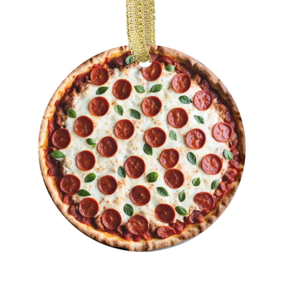 Ceramic Christmas Ornament (Flat Design - NOT 3D,) of a Pepperoni Basil Pizza Pie Foodie Italian Food for Italy Foodie Lover Novelty Xmas Tree Ornaments Gifts