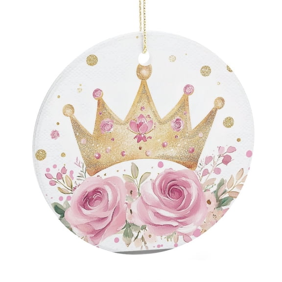 Ceramic Christmas Ornament Pink Rose Flowers with Crown 2 Side Printed Ornaments Pink Blooming Romantic Roses Ornament Customized Ceramic Xmas Tree Decor