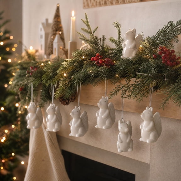 Ceramic Christmas Ornament, Woodland Tree Hanging Decoration, Ceramic Squirrel Figure with a Smooth Sculpted Profile for Christmas, Glazed Ceramic Shaped into a Animal with Adds Smooth
