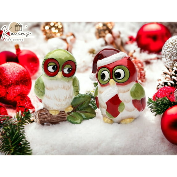 Ceramic Christmas Owl Salt and Pepper Shakers Hand Painted Gift