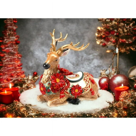 Ceramic Christmas Poinsettia Reindeer Figurine 10.25"