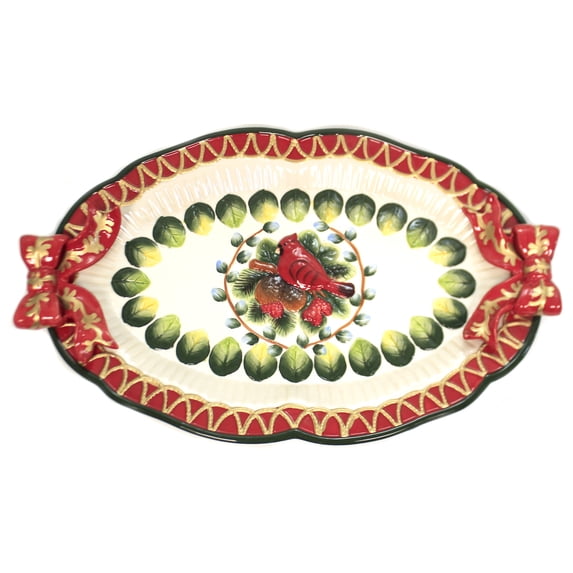 Ceramic Christmas Robin Bird Tray 17.875x11 Mom Kitchen