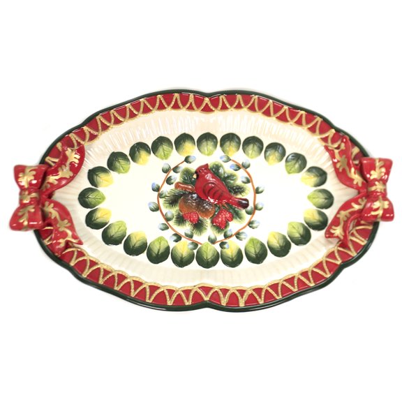 Ceramic Christmas Robin Bird Tray 17.875x11  Mom Kitchen