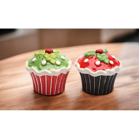 Ceramic Christmas Salt and Pepper Shakers Holly Cupcake 2.875 Inch Holiday Decor
