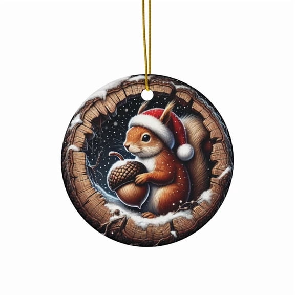 Ceramic Christmas Squirrel Ornament With Acorn And Santa Hat Woodland Decor 2D FLAT CIRCLE Ceramic Ornament