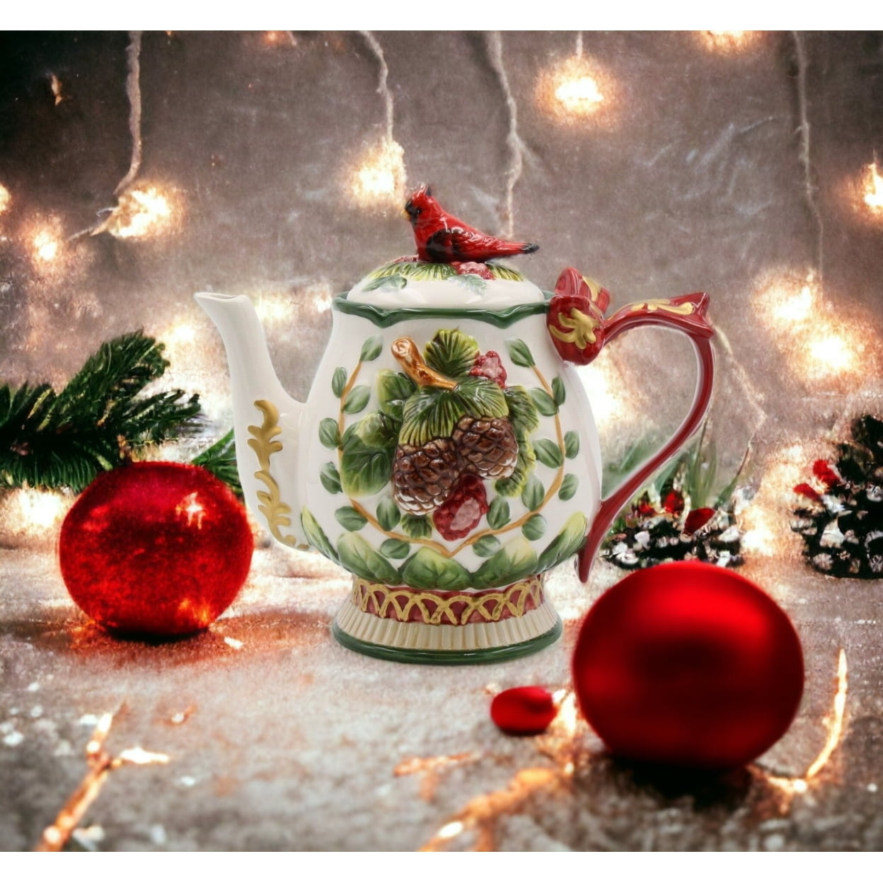 Hand-Painted Ceramic Christmas Teapot with Cardinal and Pine Cones