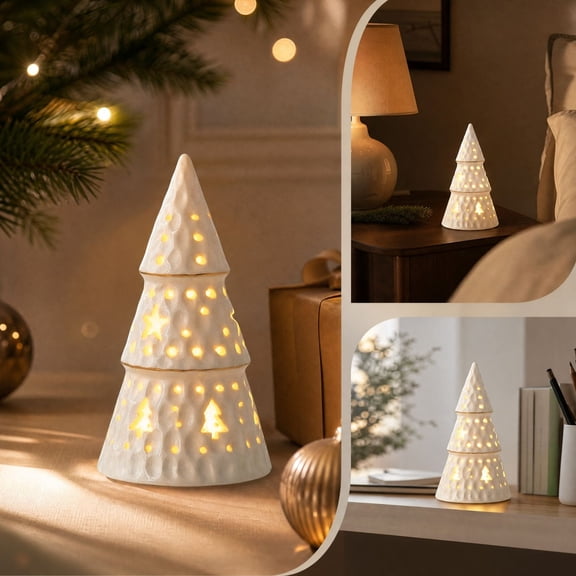 Ceramic Christmas Tree Desktop Decoration, White Luminous Ornament, Mini Holiday Home Decor