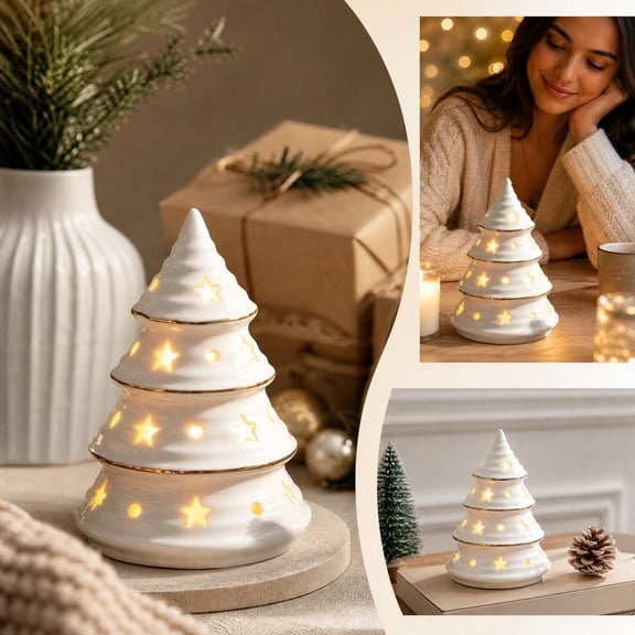 Ceramic Christmas Tree Figurine Desktop Tabletop Decoration Luminous Ornament for Decor Christmas Gift Mini Tree for Dollhouse Crafts Shelf Mantel Office Party Display 1 Pack