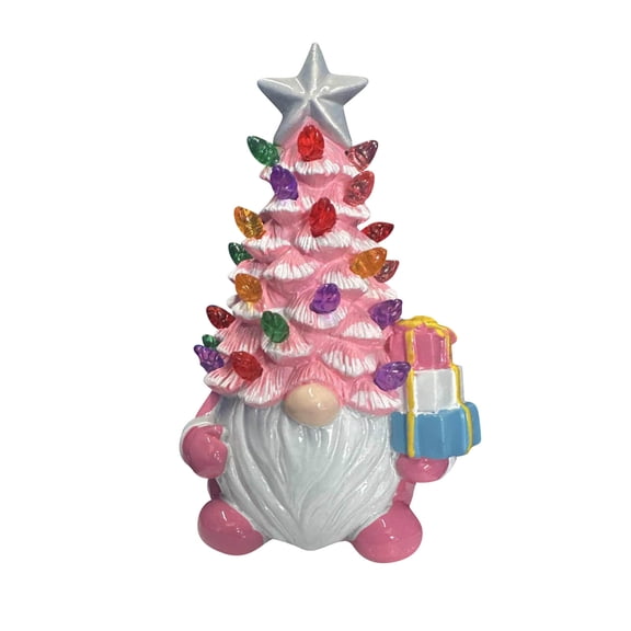 Ceramic Christmas Tree Gnome Figurine with LED Light Up Ornaments and Star Topper Holiday Tabletop Decoration Gift for Home Office Living Room Display