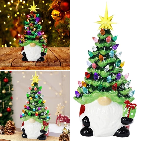 Ceramic Christmas Tree Gnome Figurine with Multicolor Bulb Ornaments Star Topper Holiday Tabletop Home Decor Gift