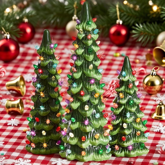 Ceramic Christmas Tree That Light Up, Hand Painted Tabletop Christmas Tree with Colorful LED Lights, Perfect for Tabletop Home Festive Ornament (Set of 3)