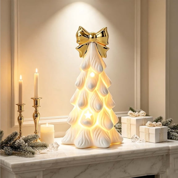 Ceramic Christmas Tree Light White Tabletop Decor With Warm Led Glow For Mantel Shelf Window Bedroom Nightstand Seasonal Indoor Display white