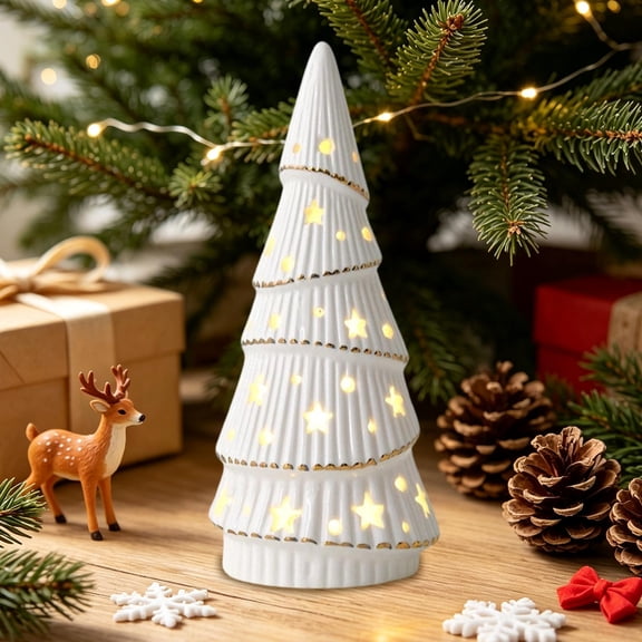 Ceramic Christmas Tree, Lighted Tabletop Decor with Battery Operated Radiance, Mini Holiday Centerpiece for Desk Shelf Fireplace Accent