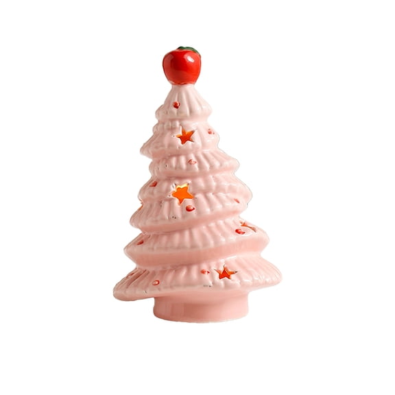 Ceramic Christmas Tree Night Light, 7.2 in Battery-Operated Star Cutout Decor for Desk and Mantel, Pink