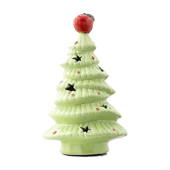 Ceramic Christmas Tree Night Light – Festive Bedside Lamp with Apple Accents – Battery-Powered Desktop Ornament for Bedroom, Holiday Decor, or Gift