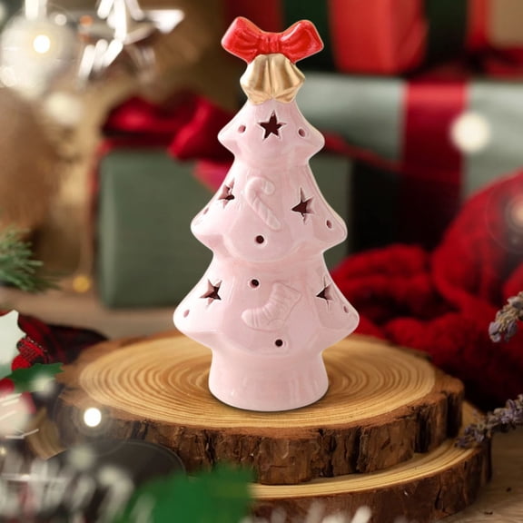 Ceramic Christmas Tree Night Light LED Holiday Decorative Lamp Ceramic Ornament Warm Glow Tabletop Home Decor Bedroom Living Room Shelf Seasonal Festive Display Accent Gift Piece