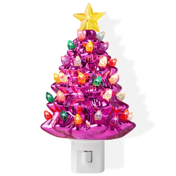 Ceramic Christmas Tree Night Light - Pink Plug-in Decorative Night Light with 28 Bulbs and Star Topper