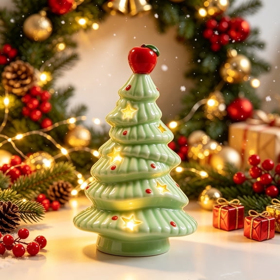 Ceramic Christmas Tree Night Light Star Design Battery Operated Tabletop Home Decor