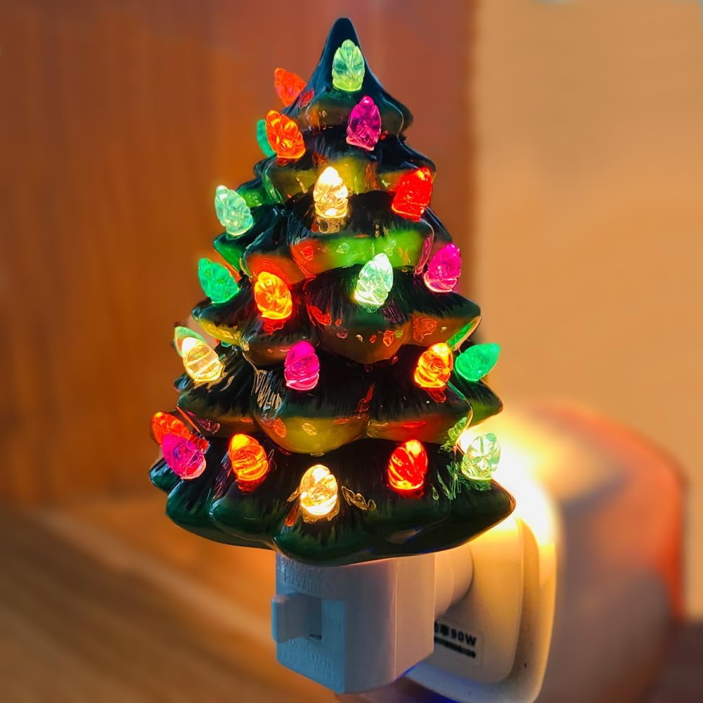 Ceramic Christmas Tree Night Light, Vintage Green Christmas Tree Wall Plug in Night Light, Hand Painted eramic Hallway Nightlight for Christmas, Home Décor