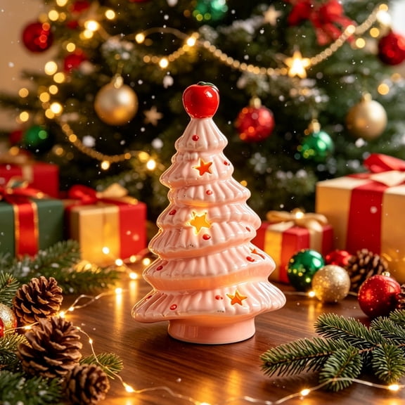 Ceramic Christmas Tree Night Light with Star Design, Battery Operated Pink Decor for Desk Shelf Mantel, 7.2 Inch