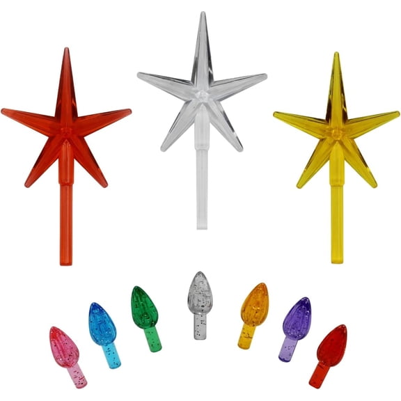 ® Ceramic Christmas Tree Replacement Lights with Glitter – 100 Glittered Multicolor Medium Twist Lights Plus 3 Tree Topper Stars in Red, Clear and Gold