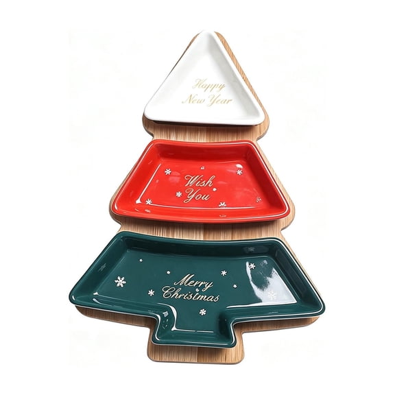 Ceramic Christmas Tree Serving Platter Set with 3 Detachable Bowls and Wood Base for Holiday Snacks and Parties