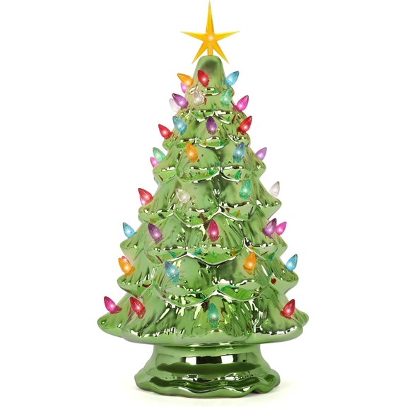 Ceramic Christmas Tree - Tabletop Tree with Lights - (15.5" Large Pearl Olive Christmas Tree/Multicolored Lights) - Lighted Vintage Ceramic Tree