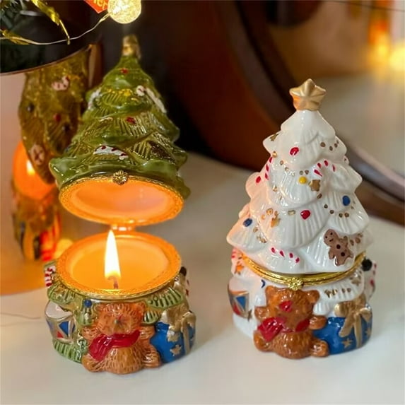 Ceramic Christmas Tree Trinket Box with Star Topper and Gift Decorations Holiday Collectible Ornament for Home Décor Display Keepsake Storage