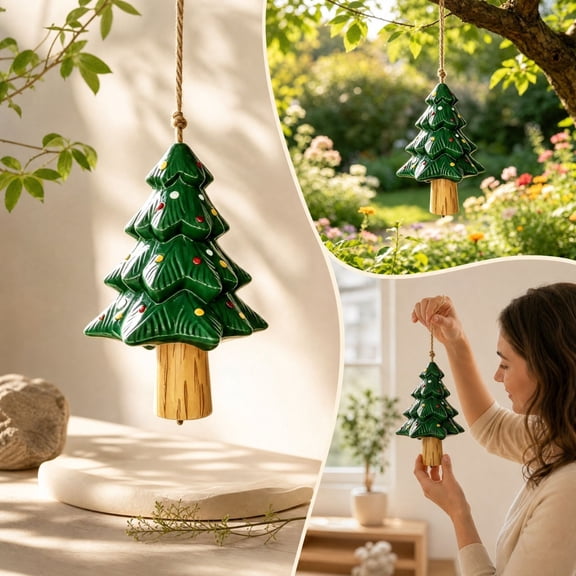 Ceramic Christmas Tree Wind Chime for Home Decor, Vintage Christmas Tree Decor for Window Garden, Indoor Christmas Decorations Hanging Ornament