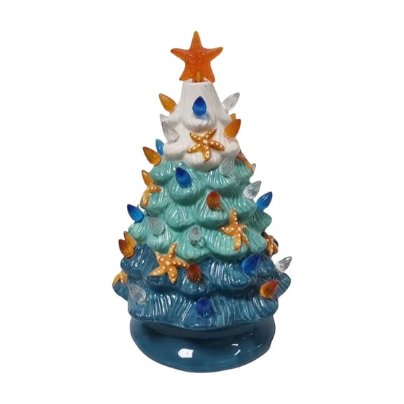 Ceramic Christmas Tree with Starfish Ornaments, Hand-Painted Coastal Holiday Decor, Tabletop Lighted Decoration, 10 Inch