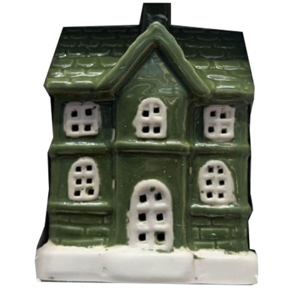 Ceramic Christmas Village House, Green Miniature House Tabletop Night Light for Indoor Christmas Decor, Holiday Season Desktop Ornament 4 Inch Tall