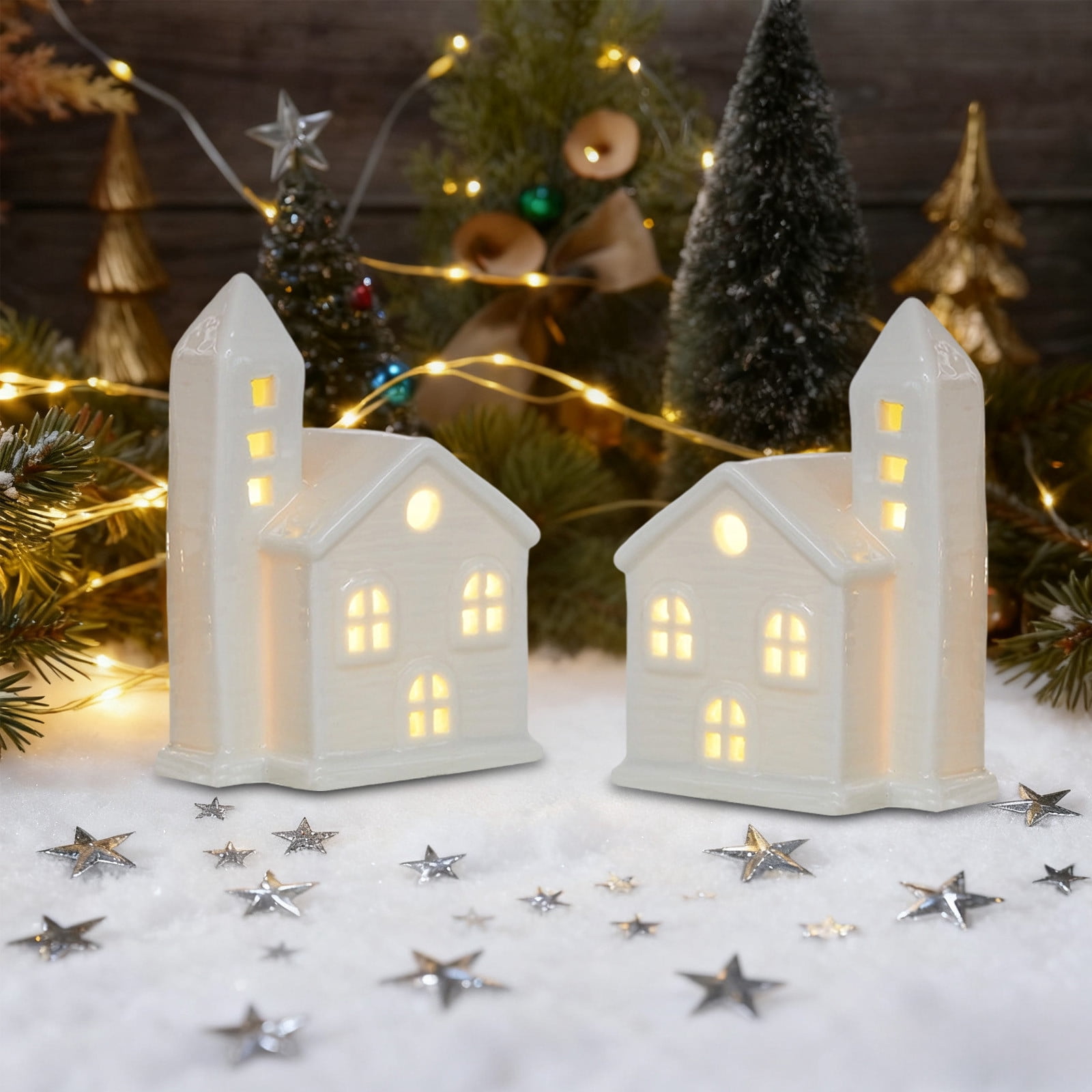 Ceramic Christmas Village Houses,LED Lighted Porcelain White Small