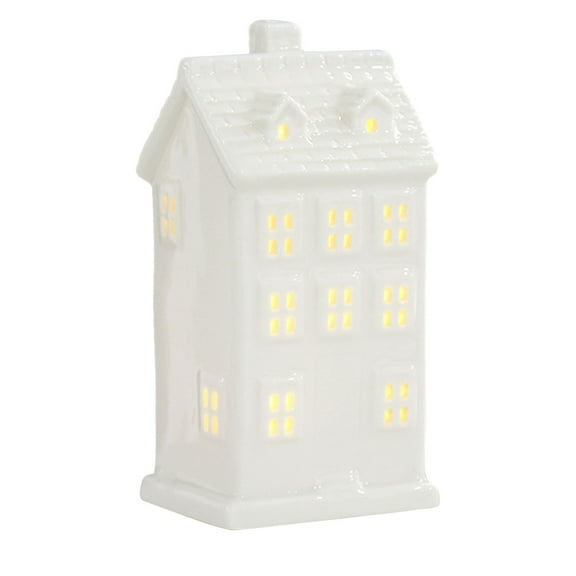 Ceramic Christmas Village Set - White Winter Village LED Light Porcelain Figurines with Artificial Tree