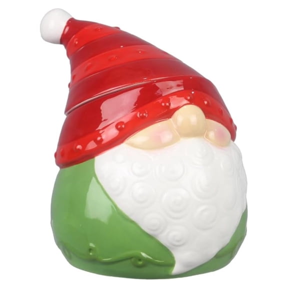 Ceramic Christmas Whimsical Gnome Treat Jar, 20oz Holiday Cookie Container with Red Hat & Green Body, Cute Festive Kitchen Decor, 7. Inch