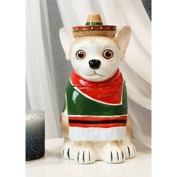 Ceramic Cinco De Mayo Chihuahua Dog With Sombrero Hat And Serape Cookie Jar 10"H